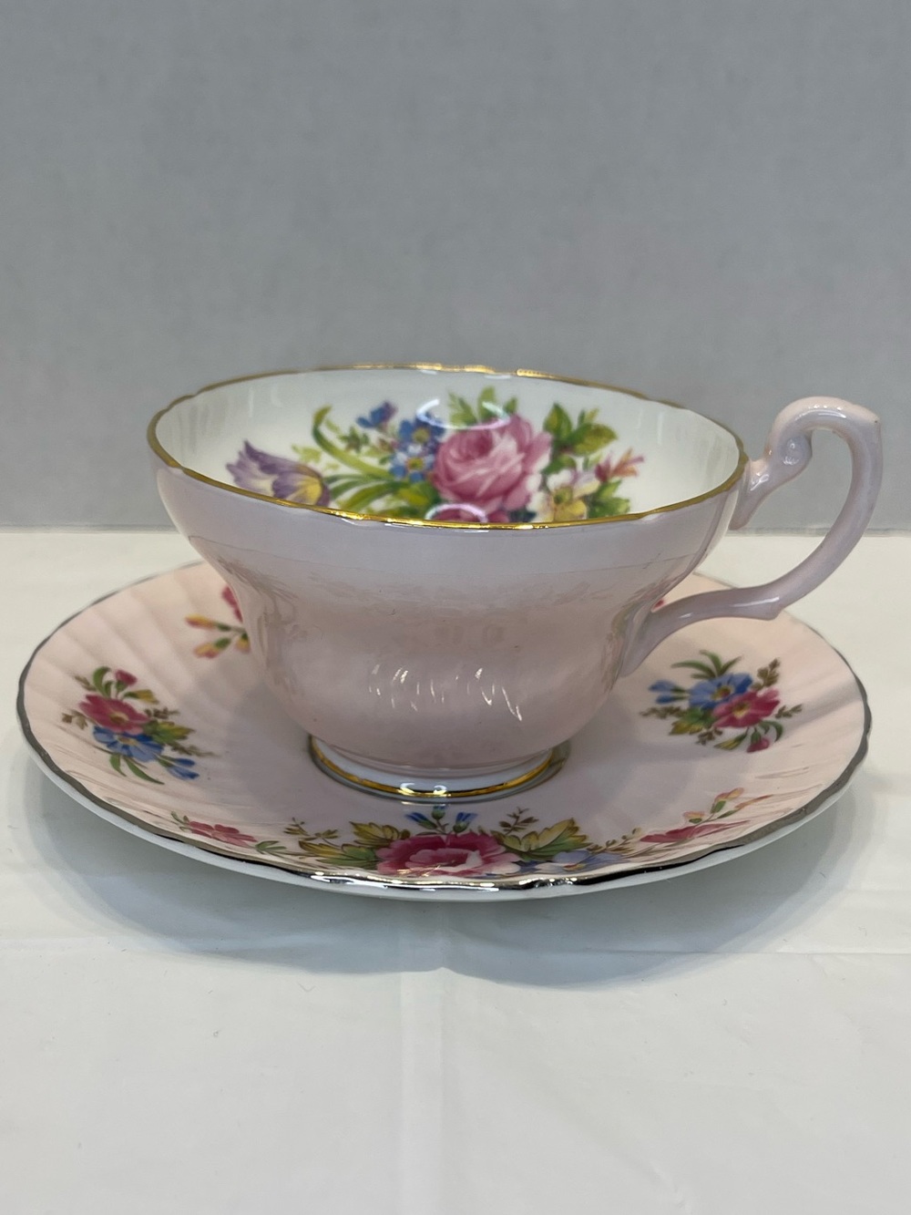 1950 EB Foley Pink Floral Bone China Teacup and Saucer Set